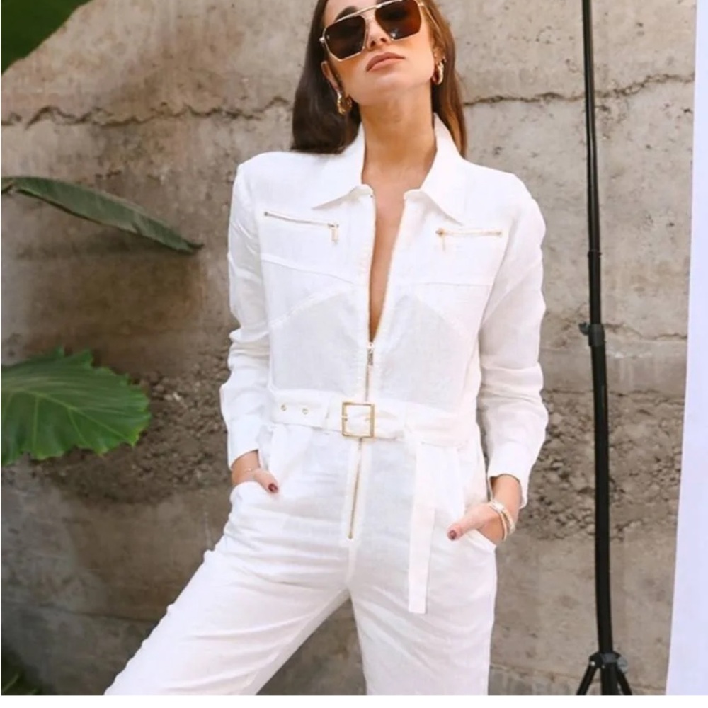 We Wore What White Linen Utility Jumpsuit with Gold Hardware / Belt. Size XS